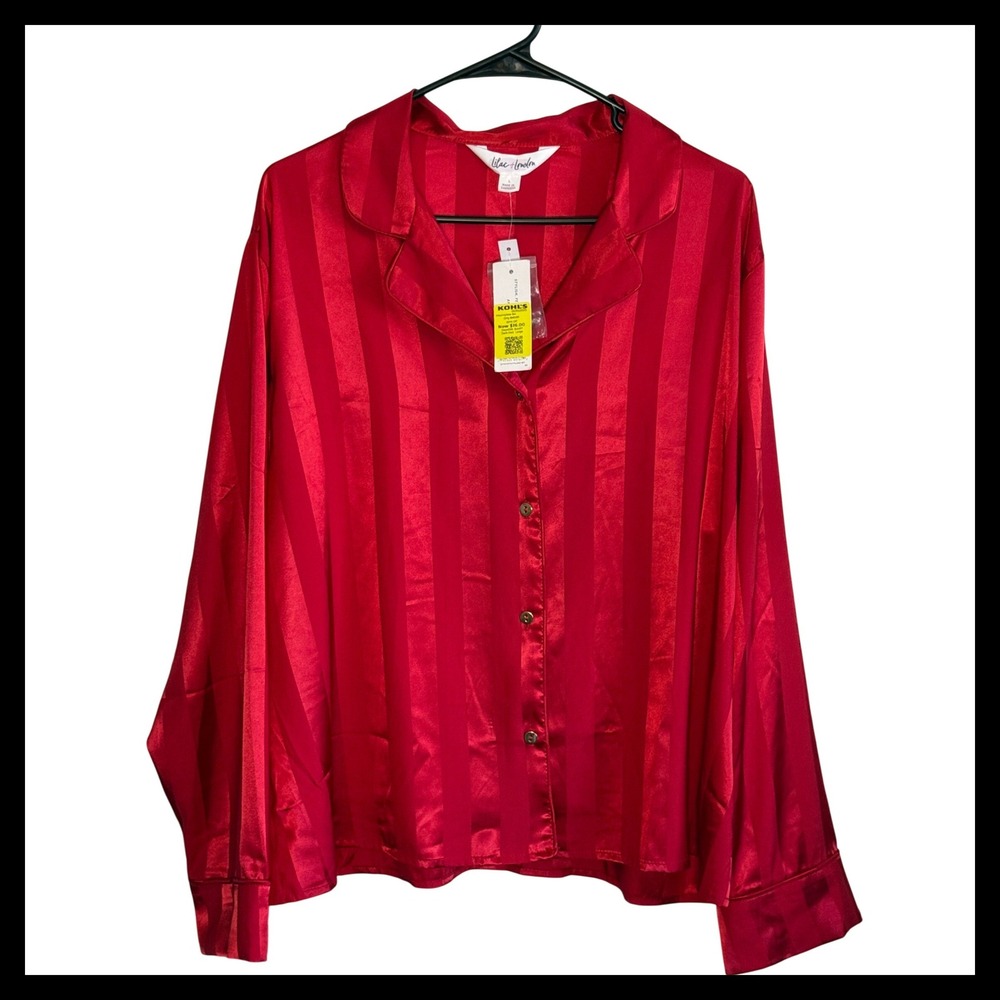 NWT Lilac + London Red Striped Satin Pajama Top Notch Collar Button Down Large